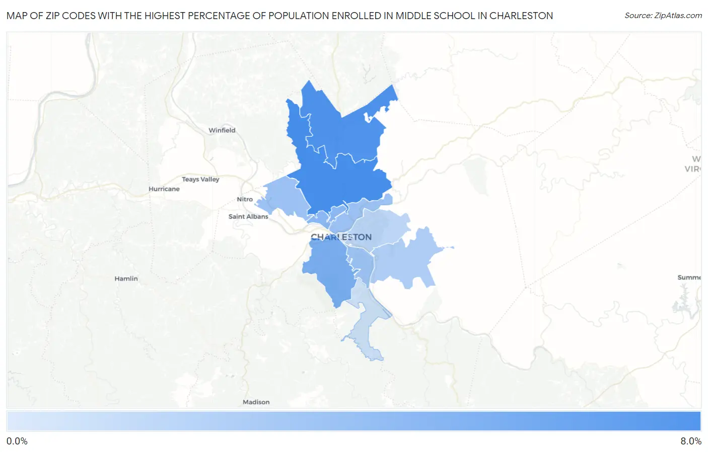 Zip Codes with the Highest Percentage of Population Enrolled in Middle School in Charleston Map