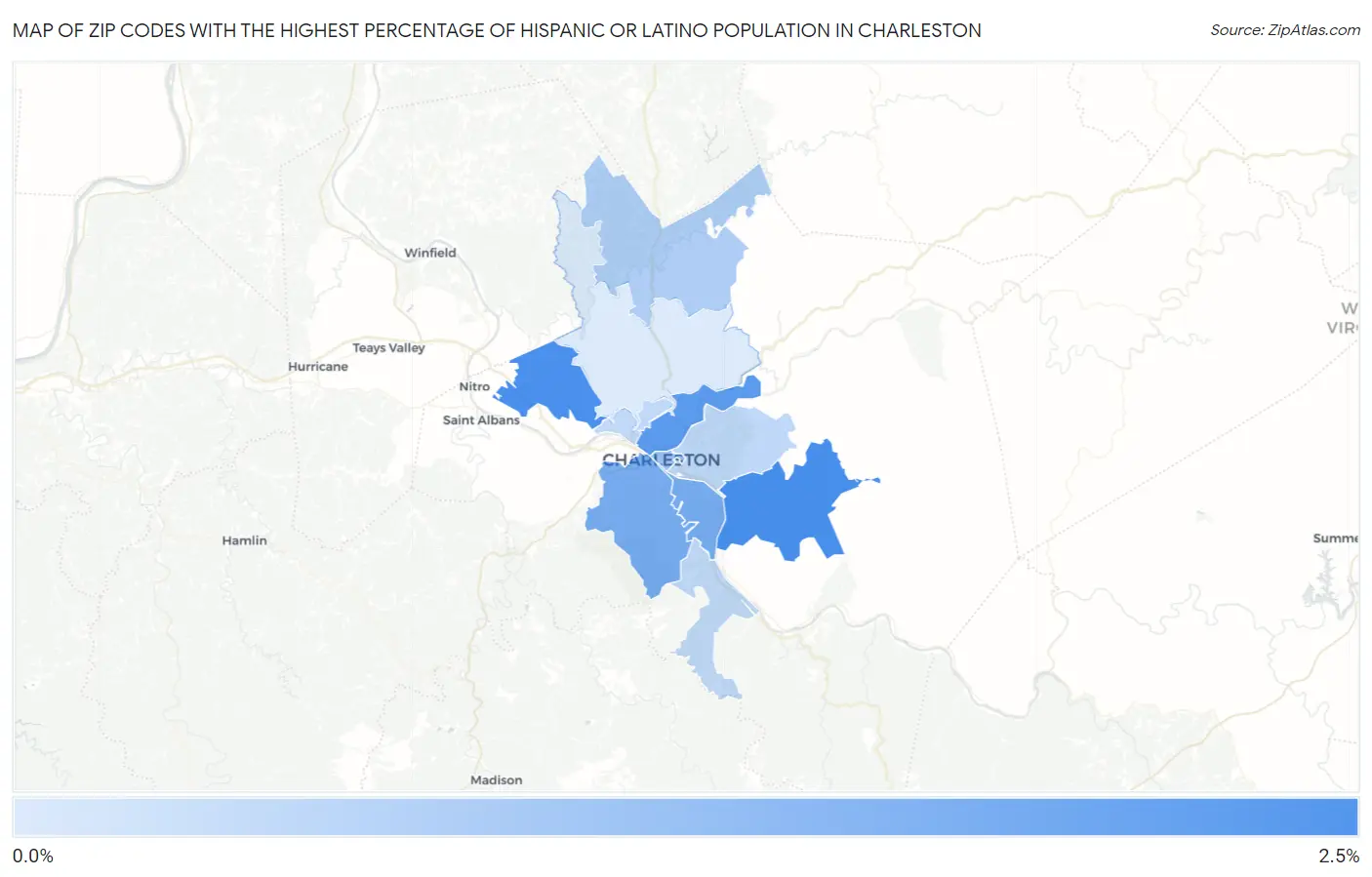 Zip Codes with the Highest Percentage of Hispanic or Latino Population in Charleston Map