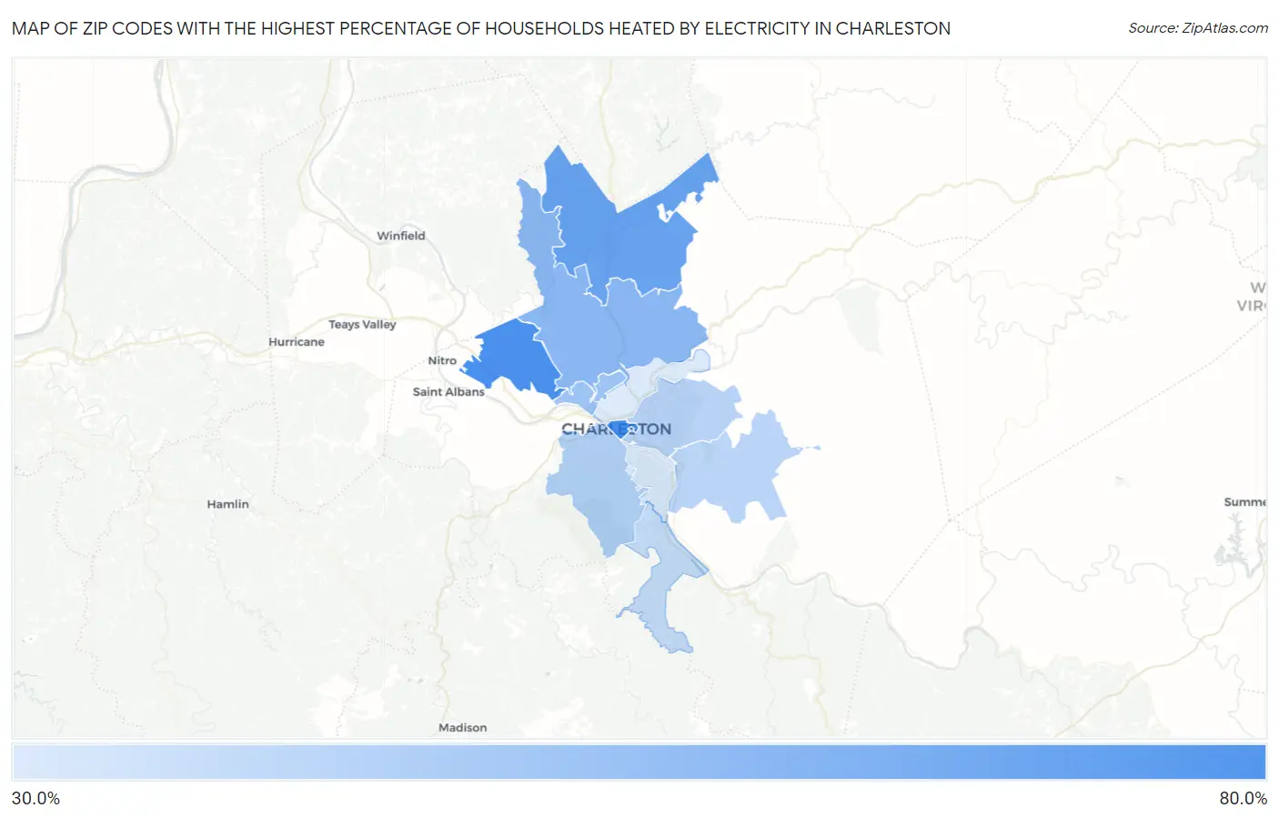 Zip Codes with the Highest Percentage of Households Heated by Electricity in Charleston Map