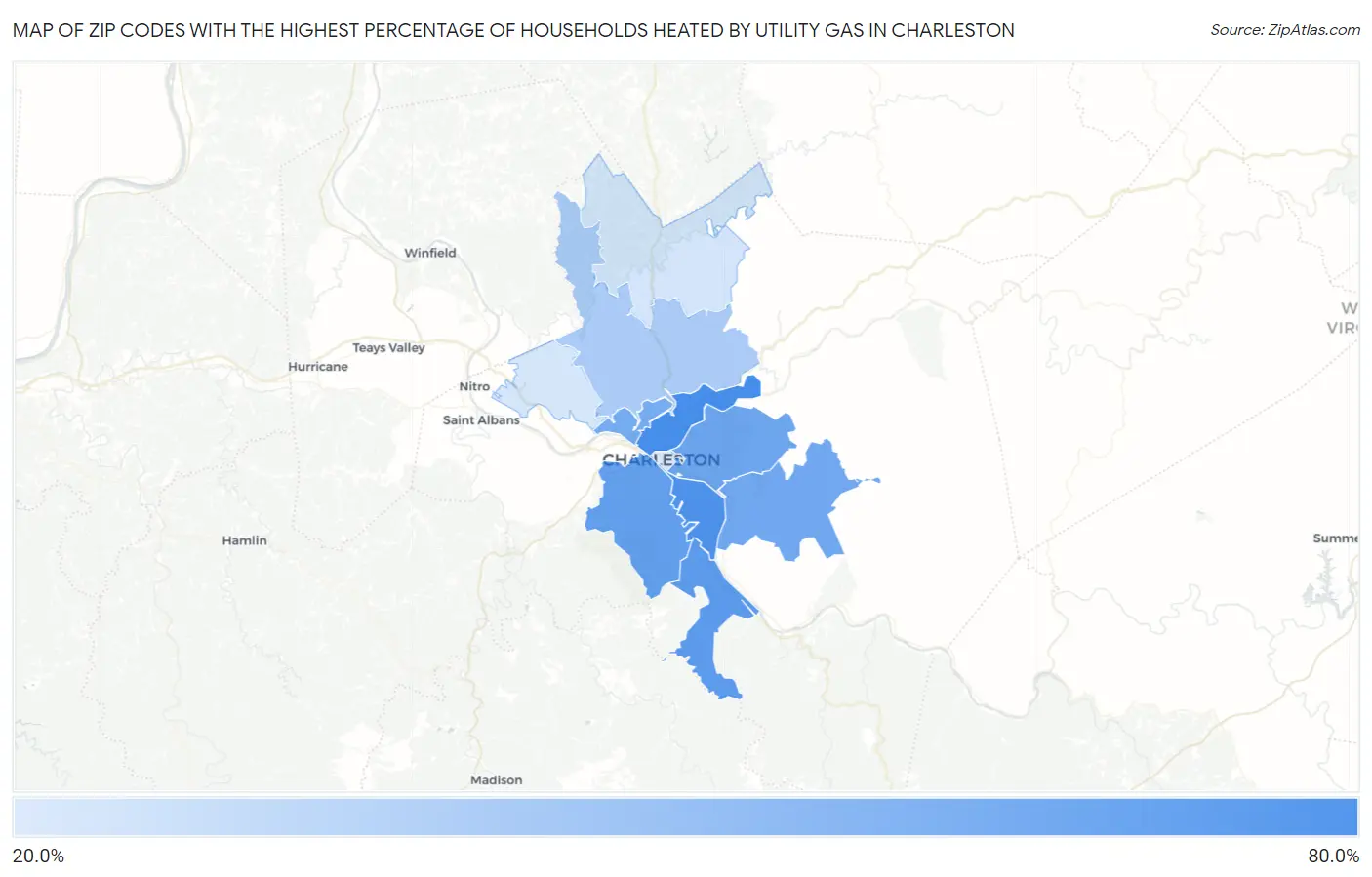 Zip Codes with the Highest Percentage of Households Heated by Utility Gas in Charleston Map