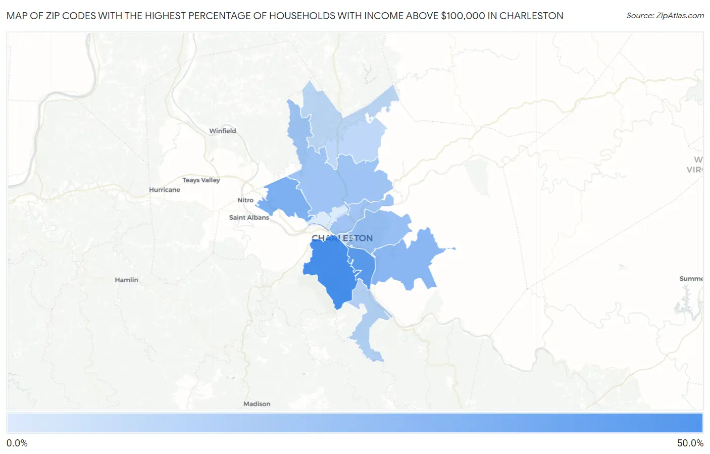 Zip Codes with the Highest Percentage of Households with Income Above $100,000 in Charleston Map