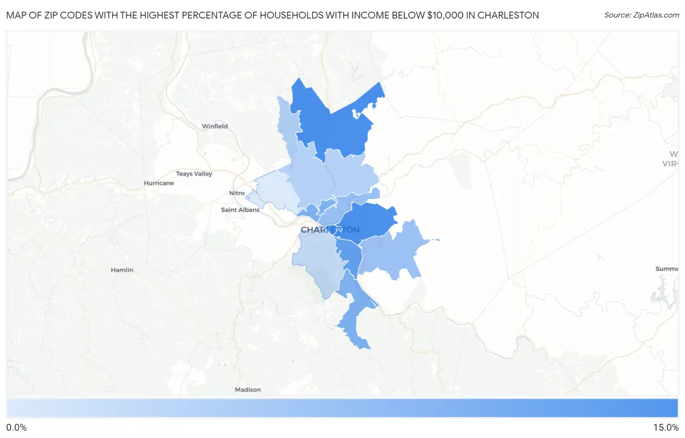 Zip Codes with the Highest Percentage of Households with Income Below $10,000 in Charleston Map