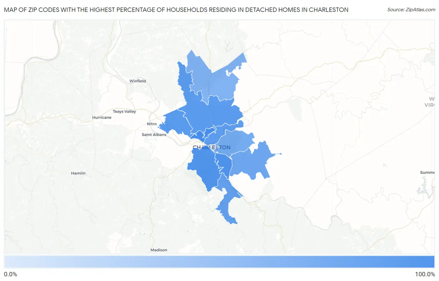 Zip Codes with the Highest Percentage of Households Residing in Detached Homes in Charleston Map