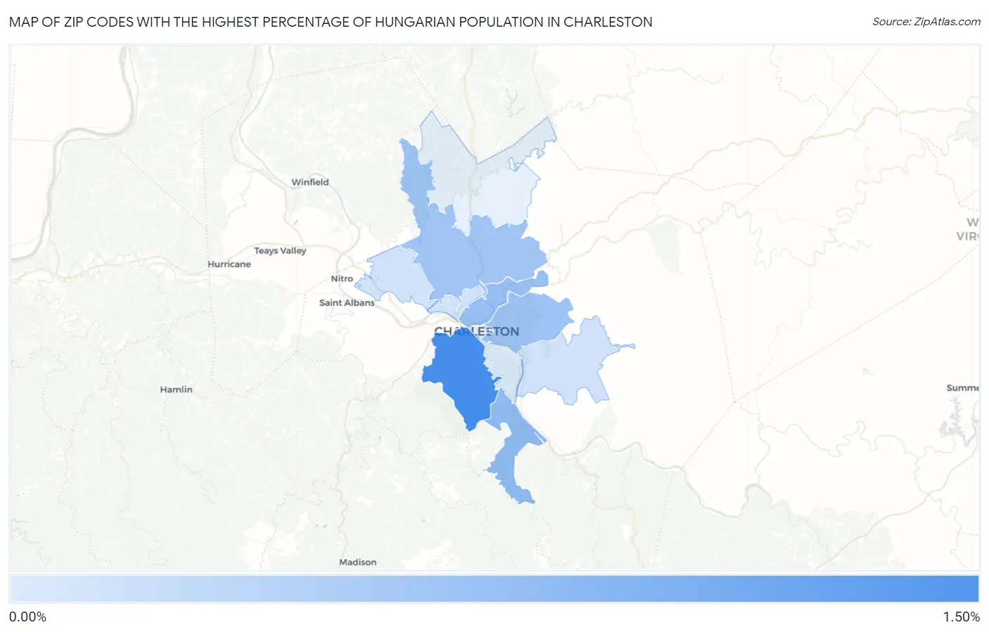 Zip Codes with the Highest Percentage of Hungarian Population in Charleston Map