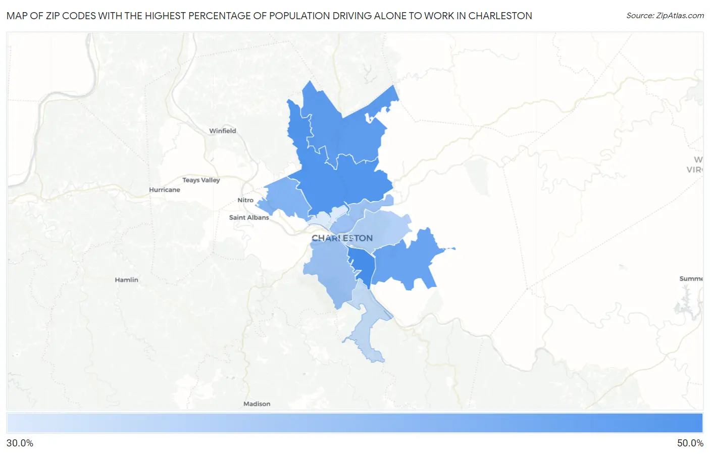 Zip Codes with the Highest Percentage of Population Driving Alone to Work in Charleston Map