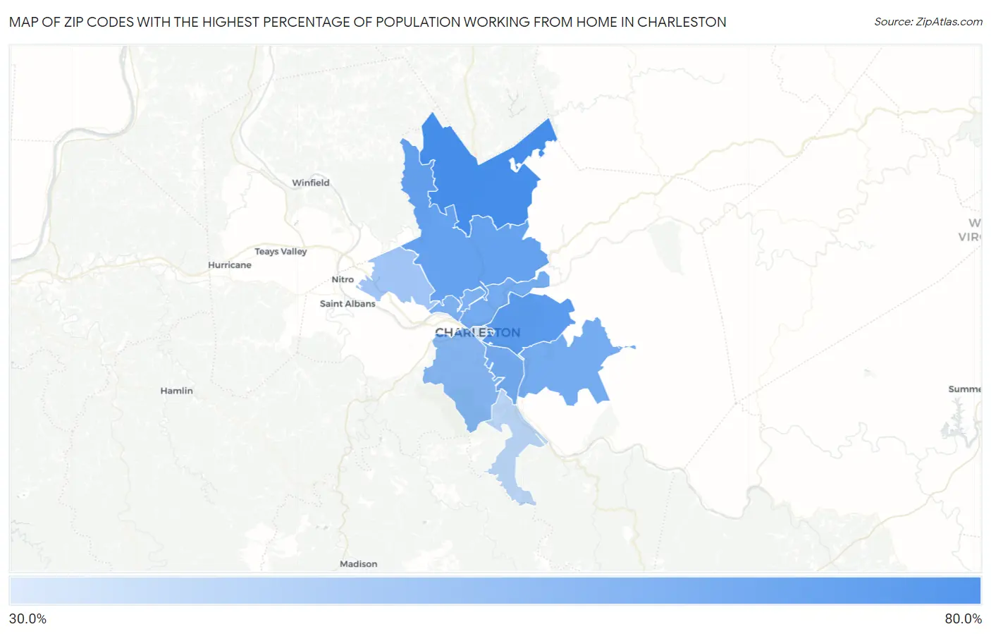 Zip Codes with the Highest Percentage of Population Working from Home in Charleston Map