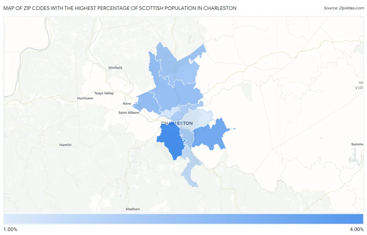 Zip Codes with the Highest Percentage of Scottish Population in Charleston Map
