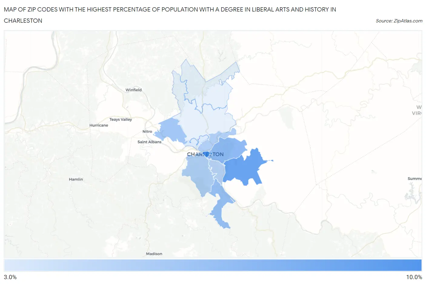 Zip Codes with the Highest Percentage of Population with a Degree in Liberal Arts and History in Charleston Map