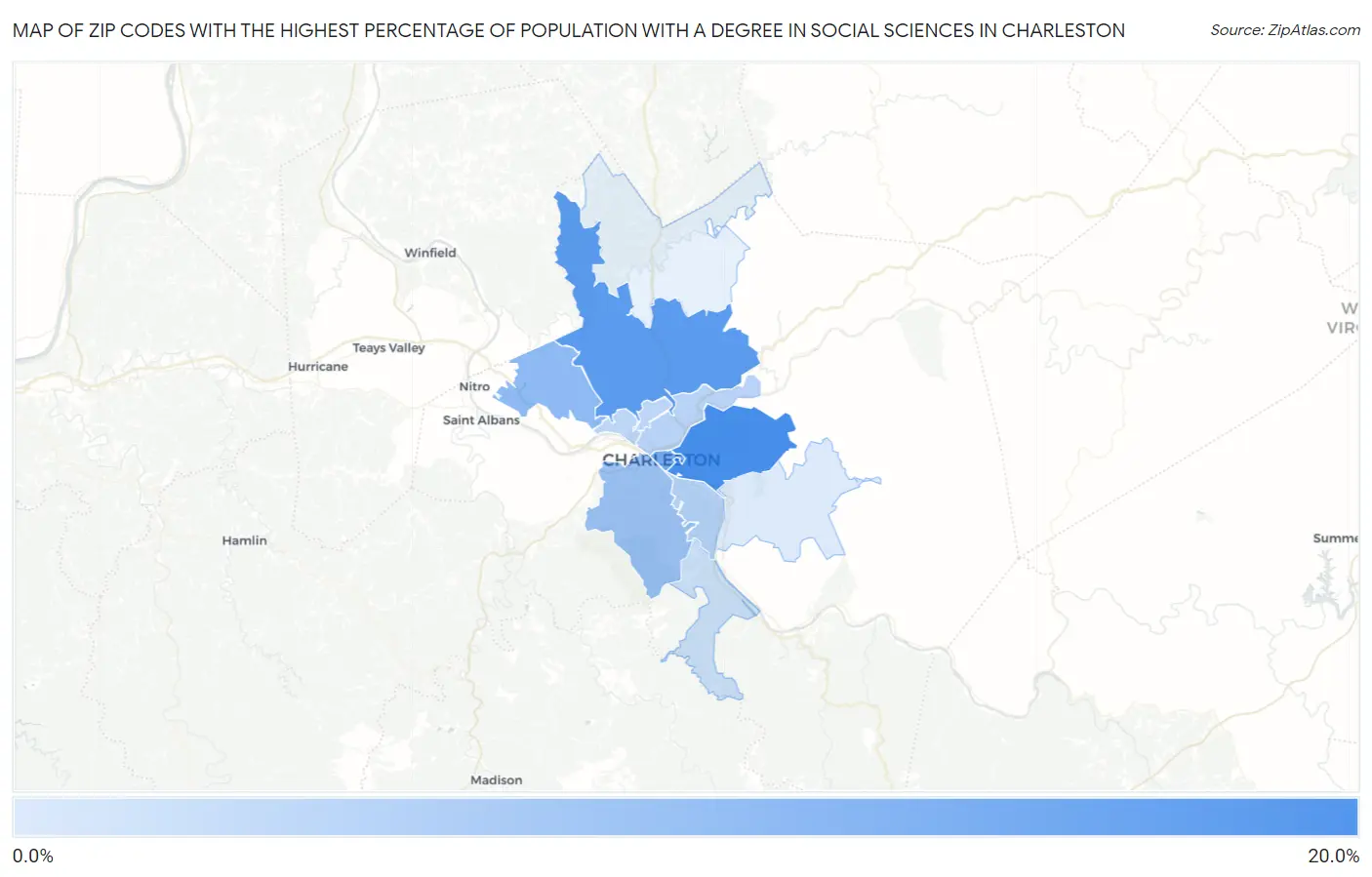 Zip Codes with the Highest Percentage of Population with a Degree in Social Sciences in Charleston Map