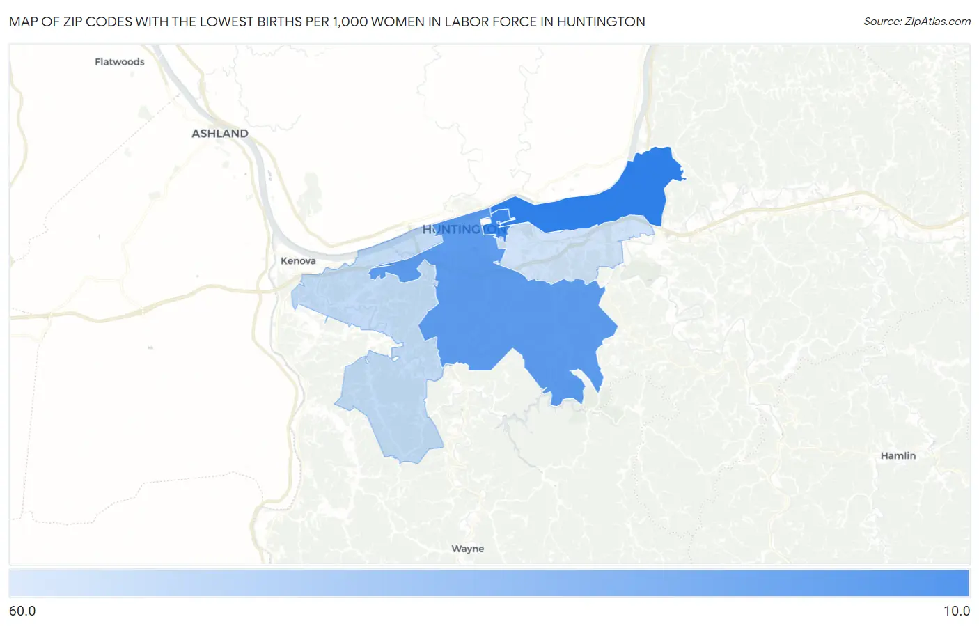 Zip Codes with the Lowest Births per 1,000 Women in Labor Force in Huntington Map