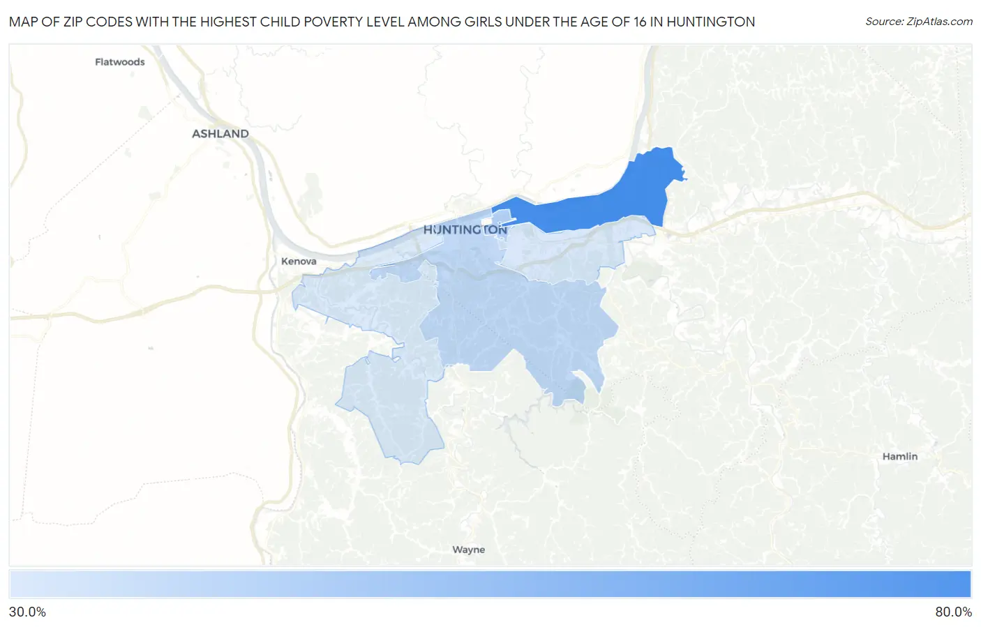 Zip Codes with the Highest Child Poverty Level Among Girls Under the Age of 16 in Huntington Map