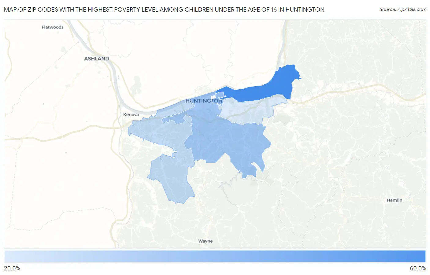 Zip Codes with the Highest Poverty Level Among Children Under the Age of 16 in Huntington Map