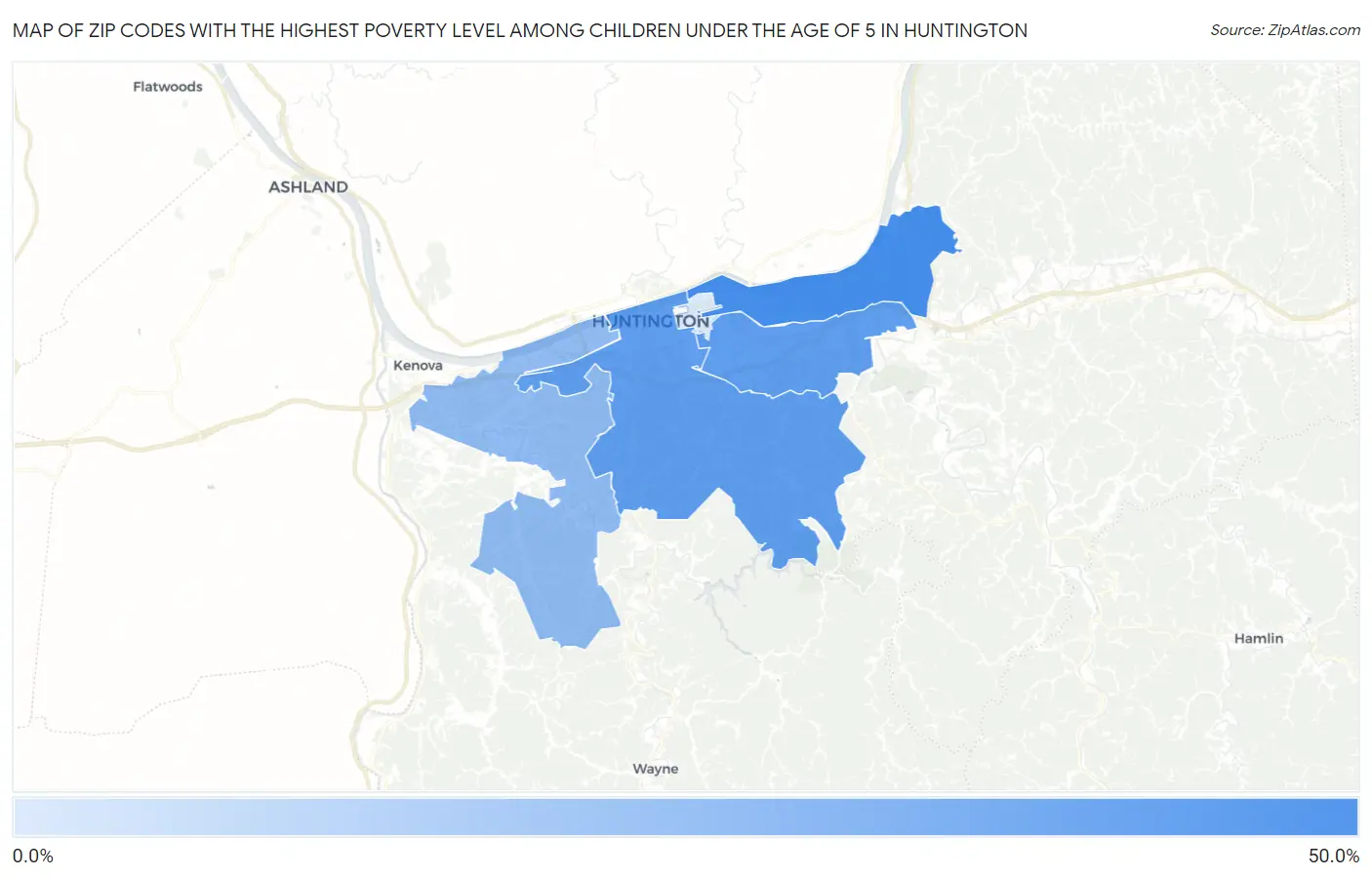 Zip Codes with the Highest Poverty Level Among Children Under the Age of 5 in Huntington Map