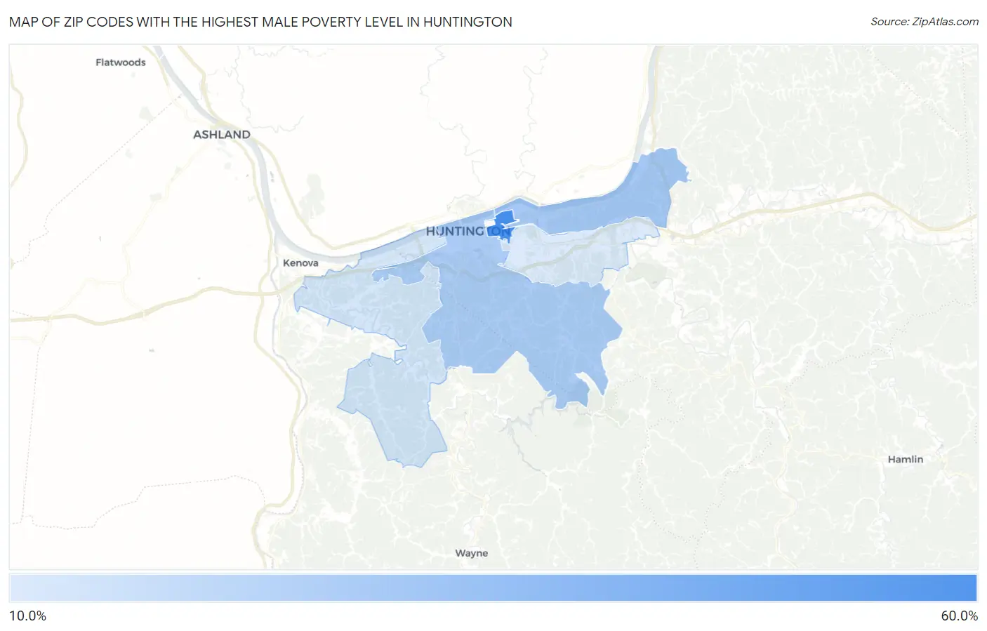 Zip Codes with the Highest Male Poverty Level in Huntington Map