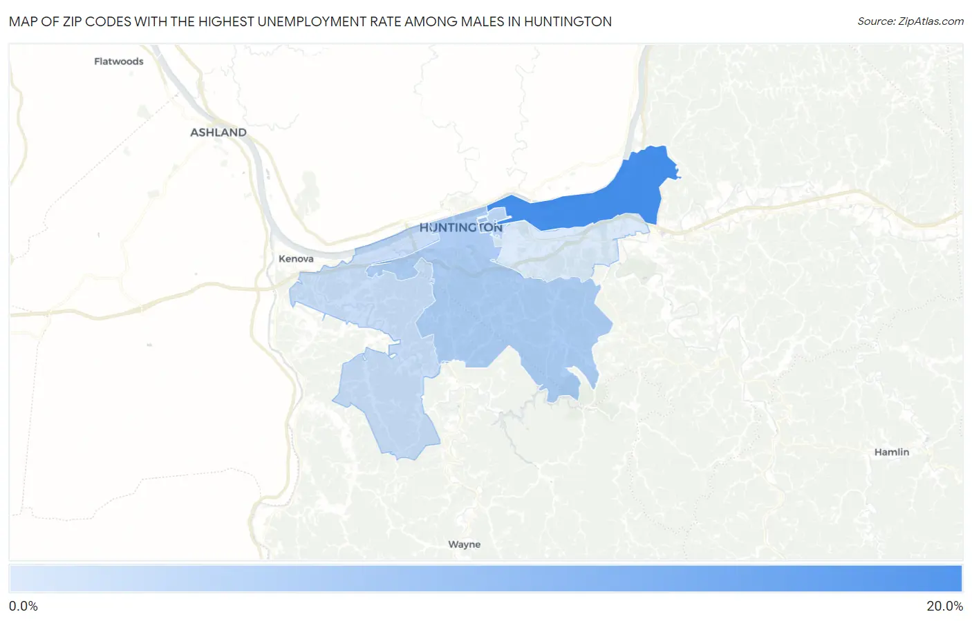 Zip Codes with the Highest Unemployment Rate Among Males in Huntington Map