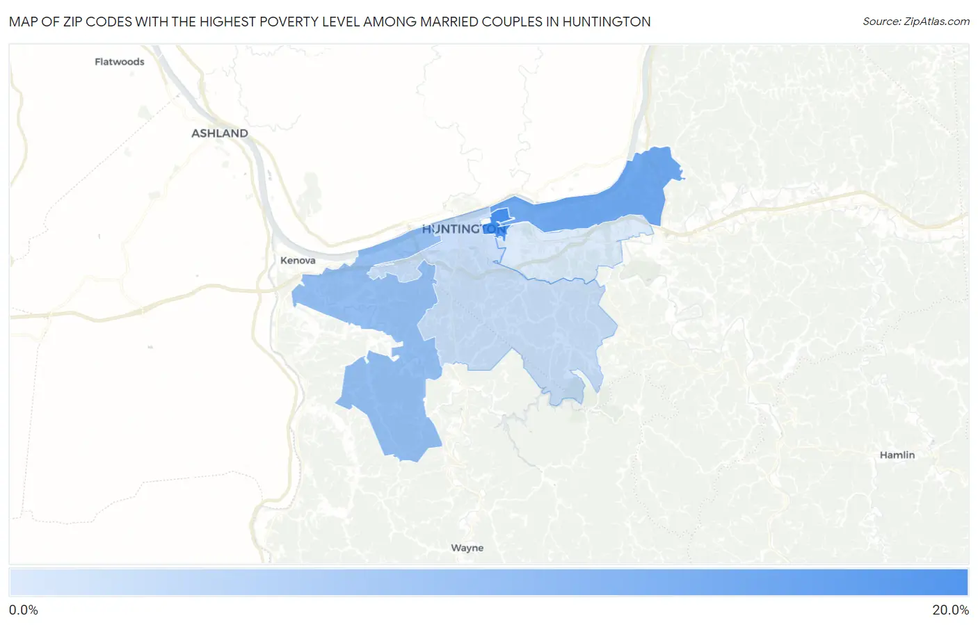 Zip Codes with the Highest Poverty Level Among Married Couples in Huntington Map