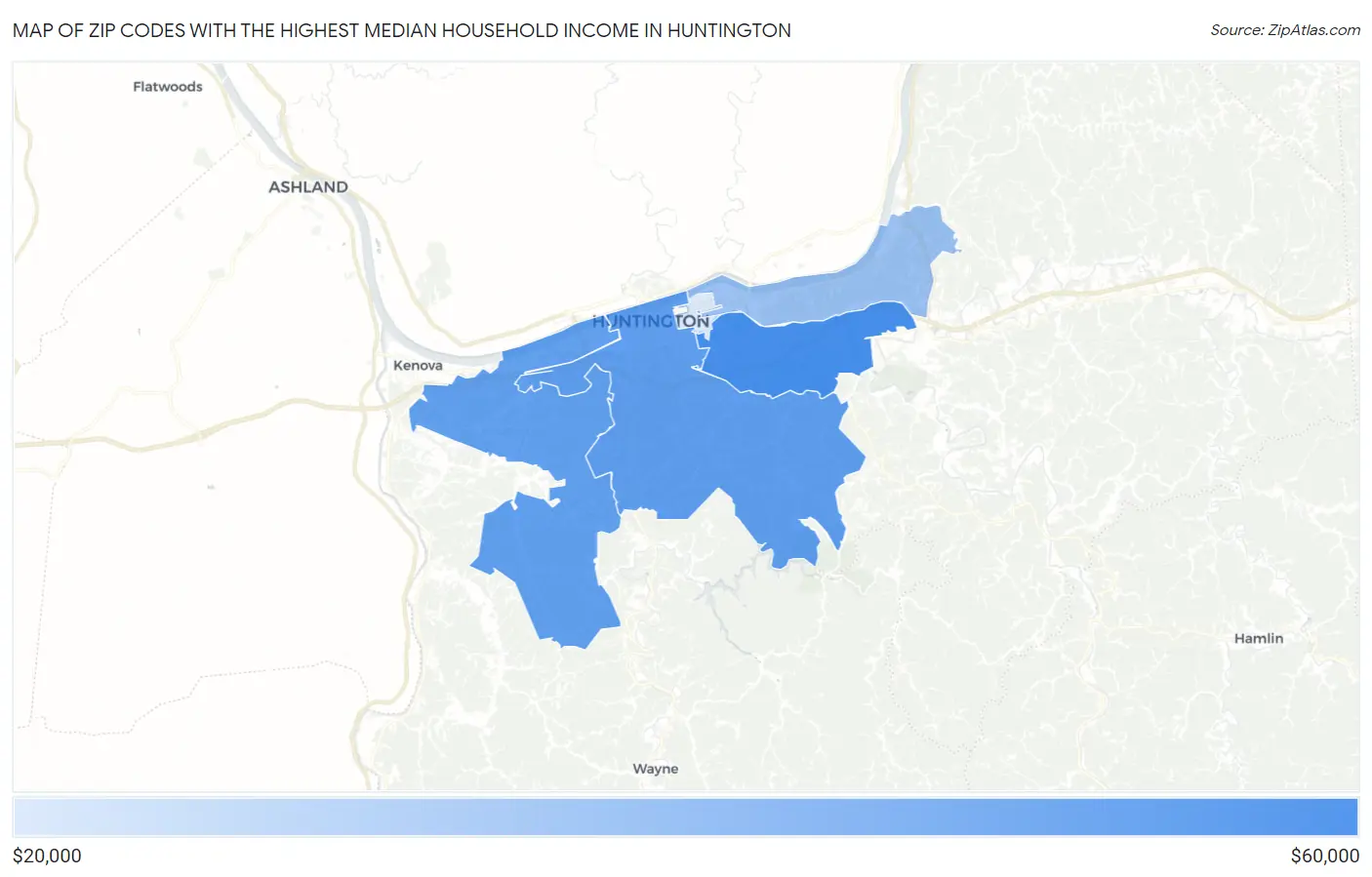 Zip Codes with the Highest Median Household Income in Huntington Map