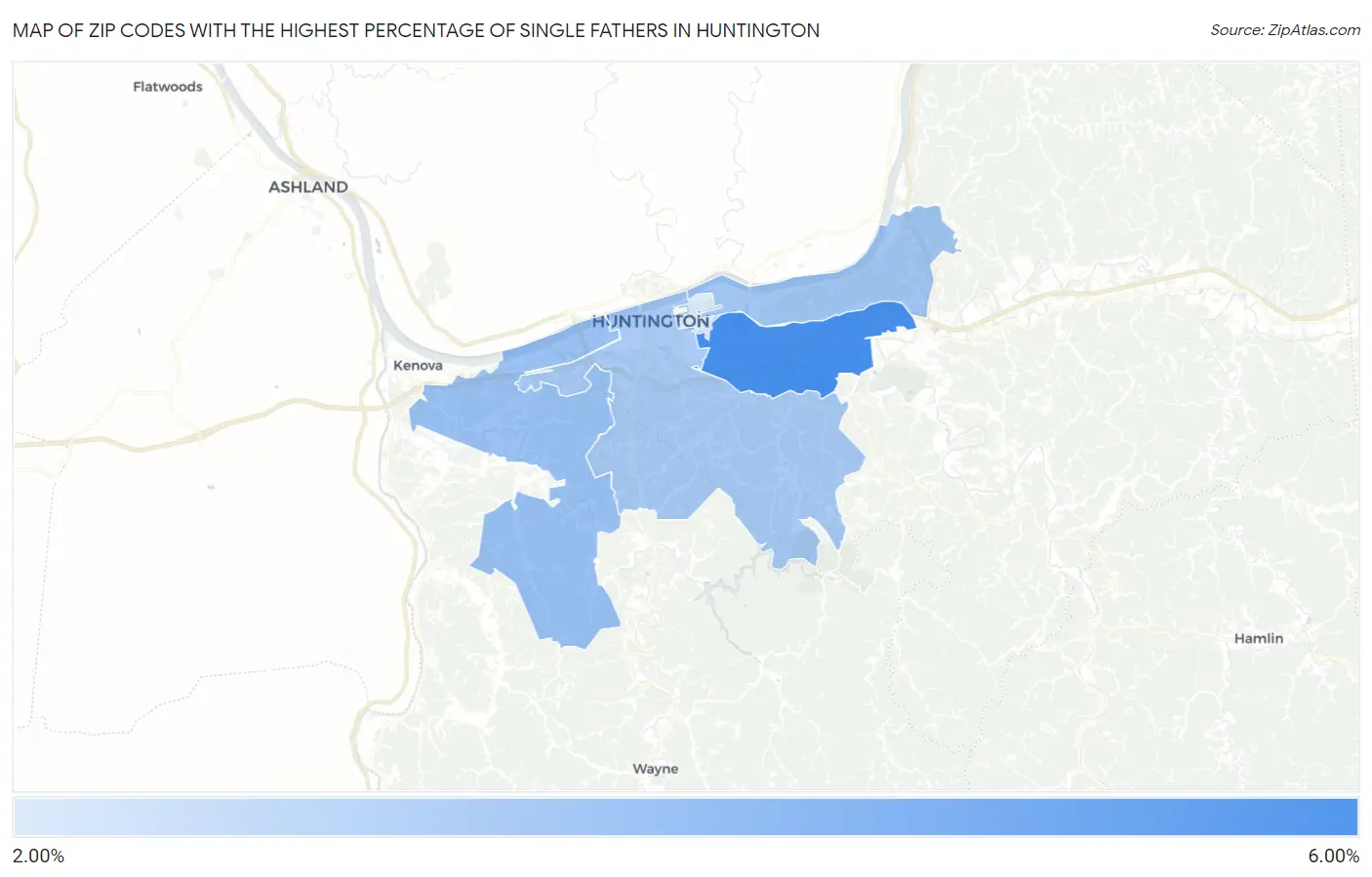 Zip Codes with the Highest Percentage of Single Fathers in Huntington Map
