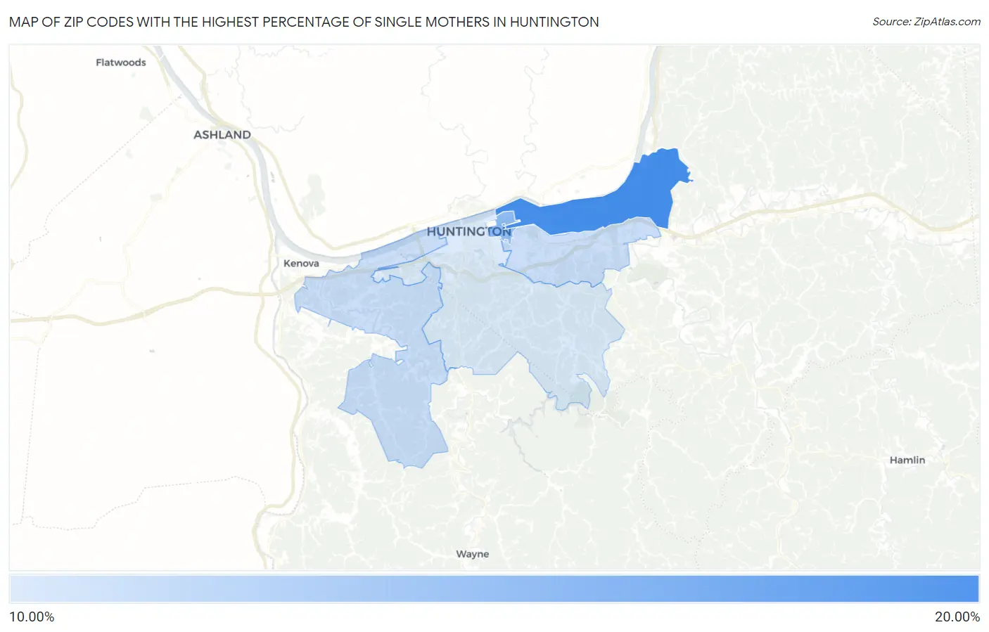 Zip Codes with the Highest Percentage of Single Mothers in Huntington Map