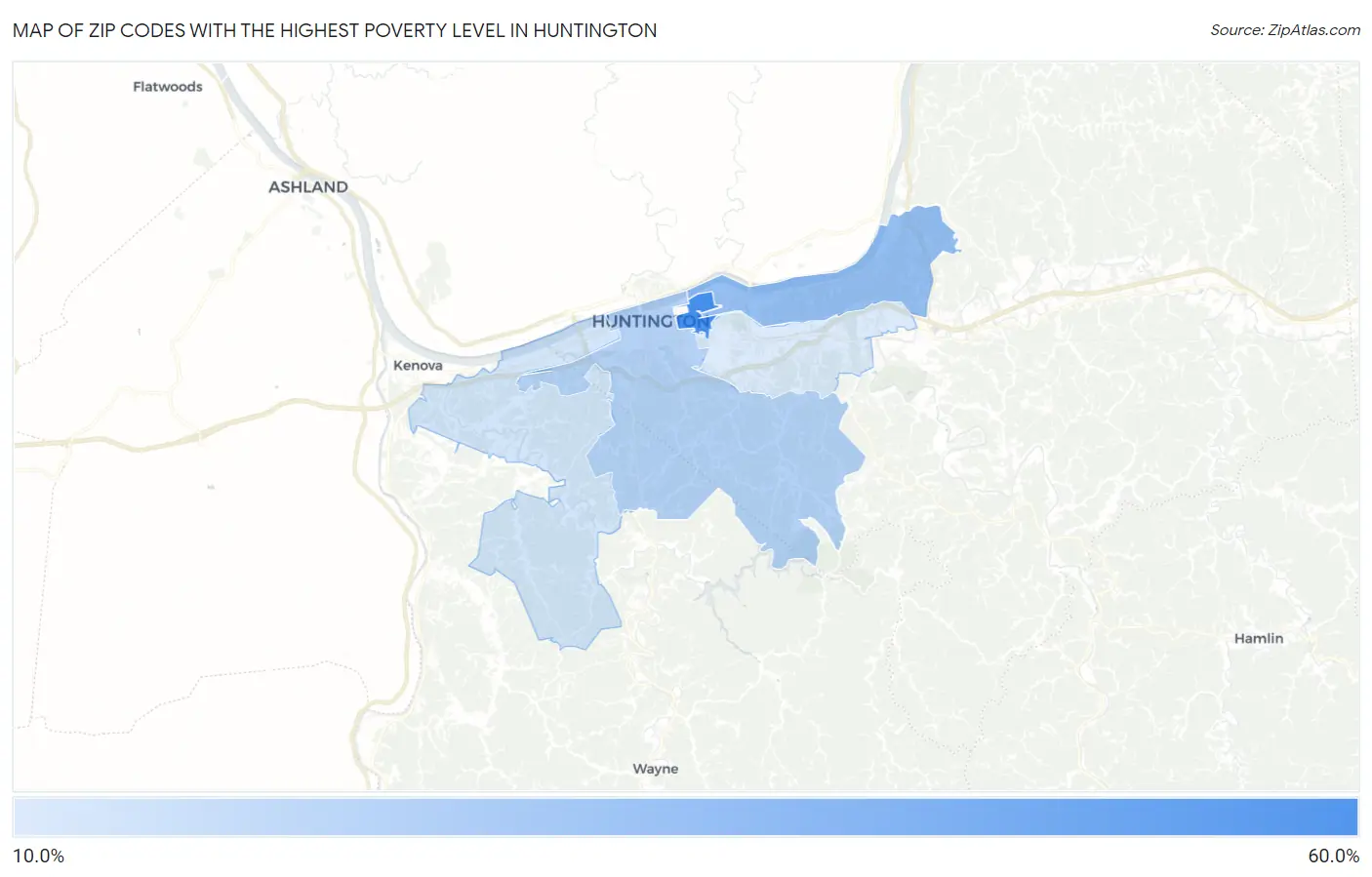 Zip Codes with the Highest Poverty Level in Huntington Map