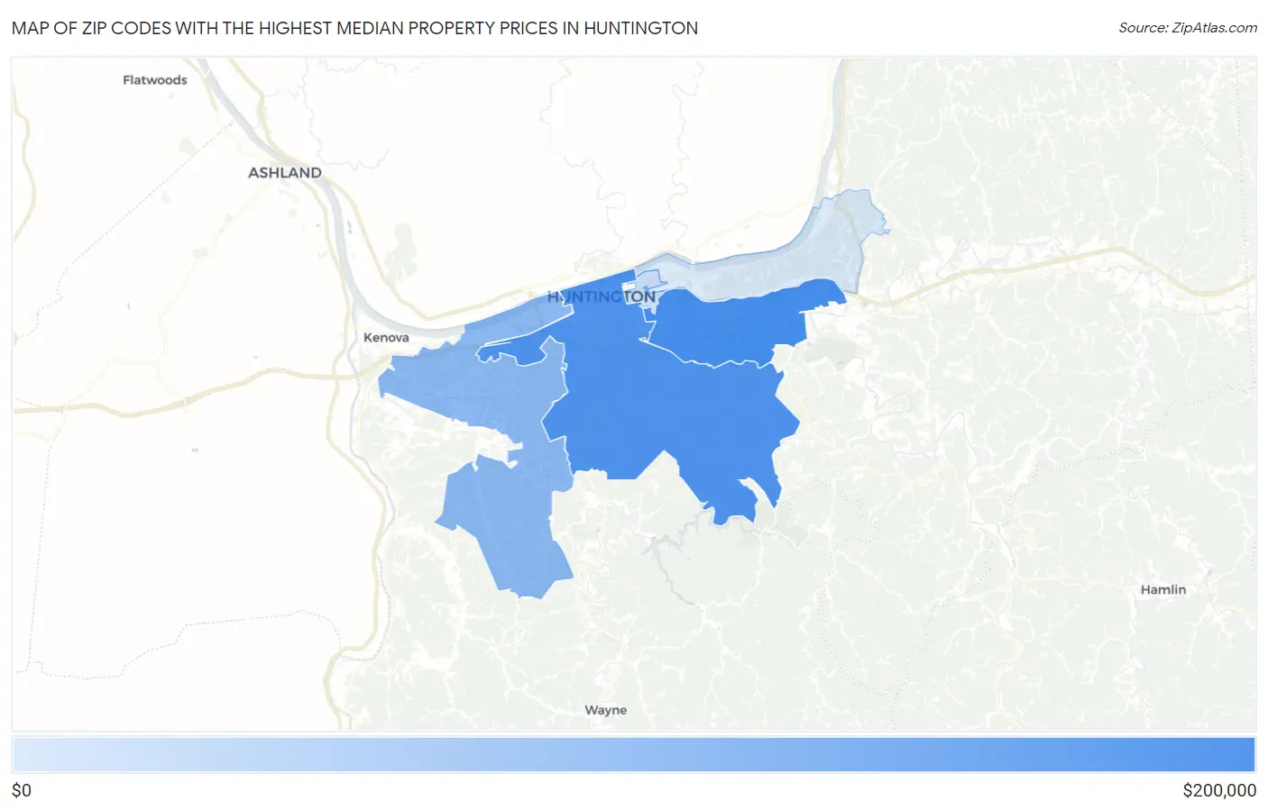 Zip Codes with the Highest Median Property Prices in Huntington Map