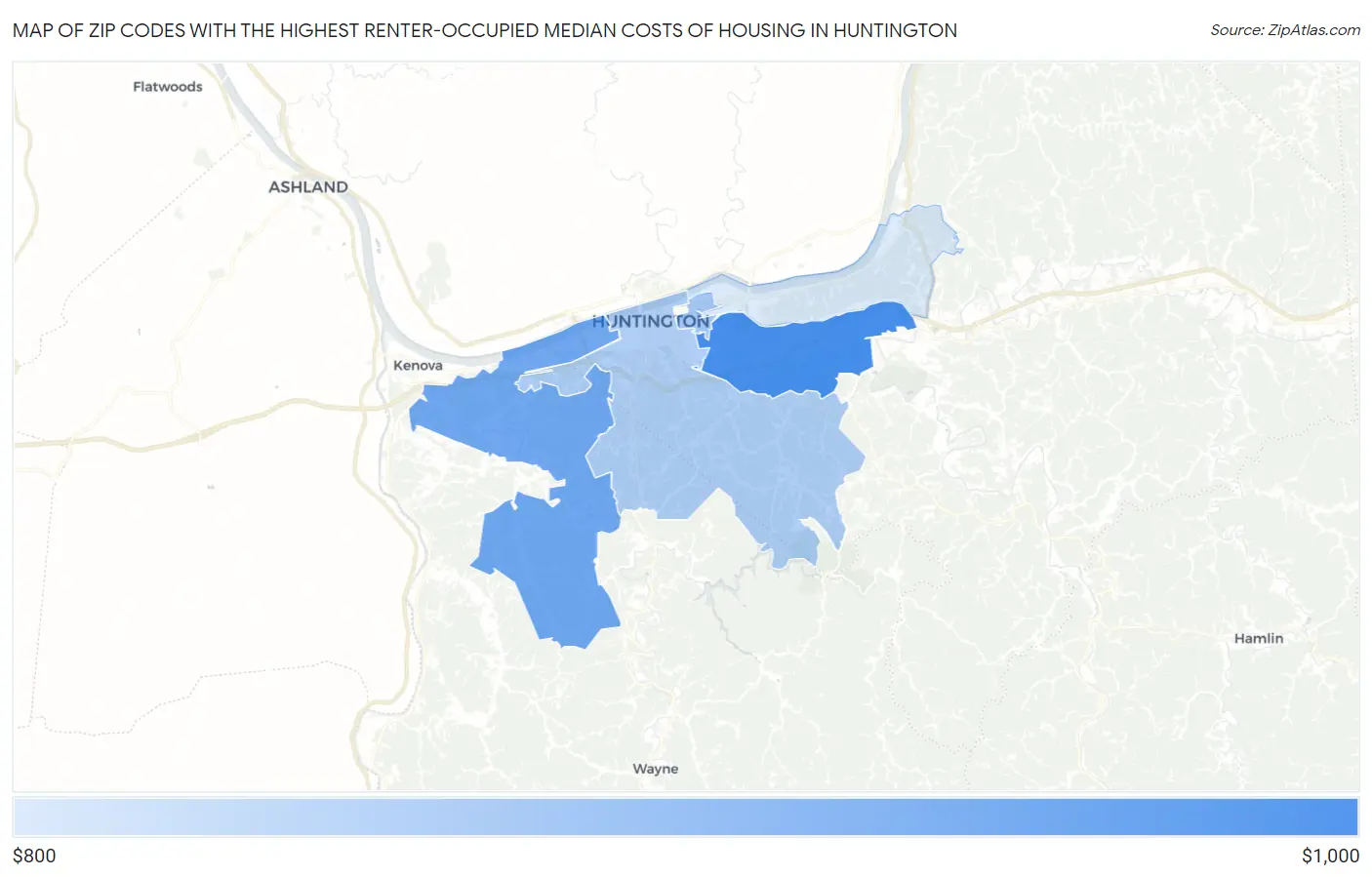 Zip Codes with the Highest Renter-Occupied Median Costs of Housing in Huntington Map
