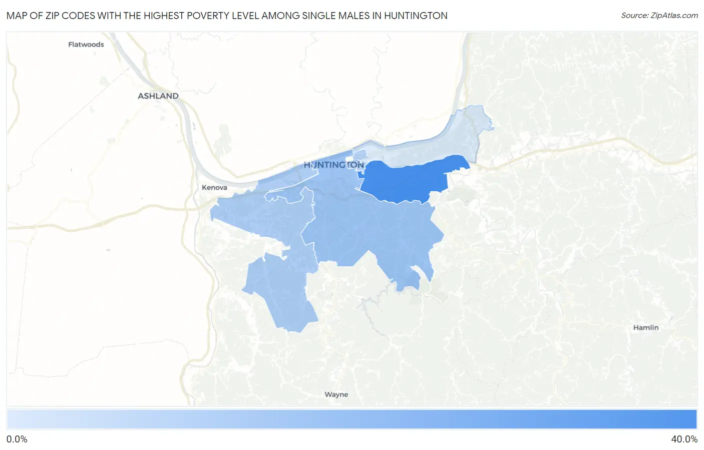 Zip Codes with the Highest Poverty Level Among Single Males in Huntington Map