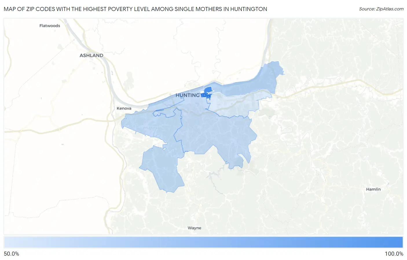 Zip Codes with the Highest Poverty Level Among Single Mothers in Huntington Map
