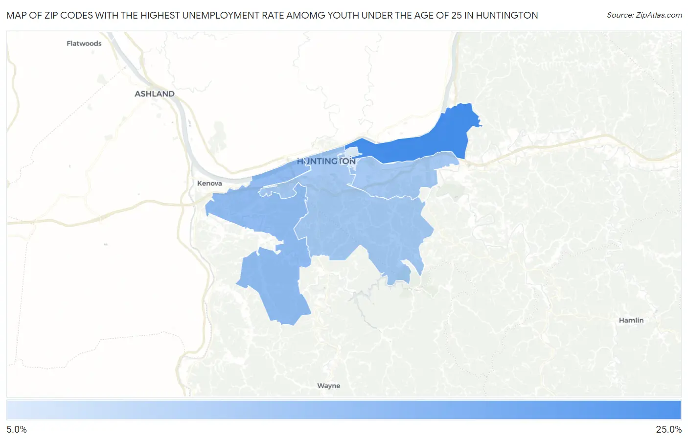 Zip Codes with the Highest Unemployment Rate Amomg Youth Under the Age of 25 in Huntington Map