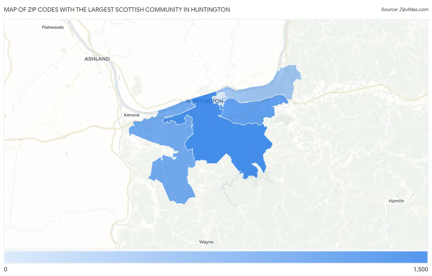 Zip Codes with the Largest Scottish Community in Huntington Map