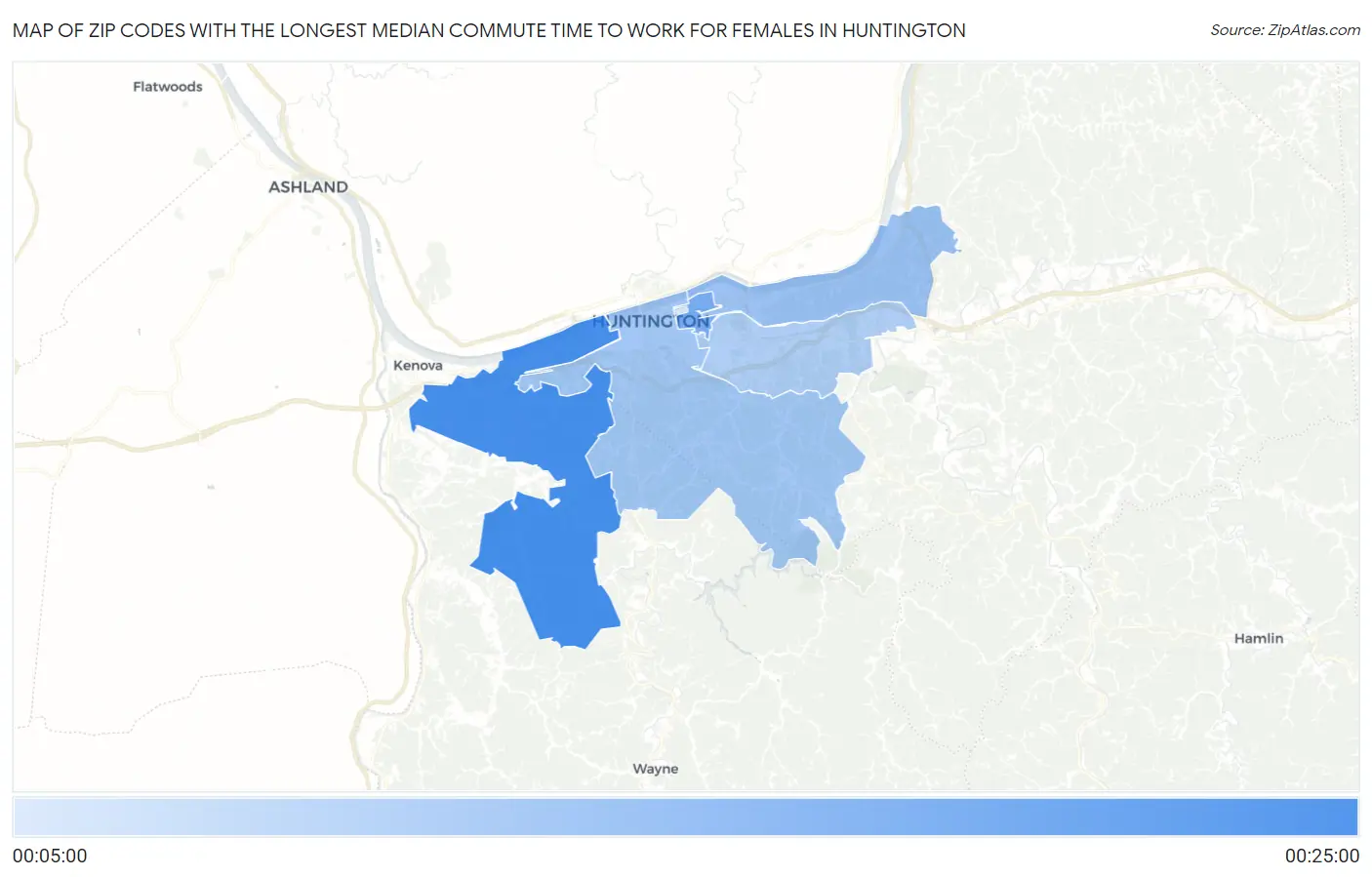 Zip Codes with the Longest Median Commute Time to Work for Females in Huntington Map
