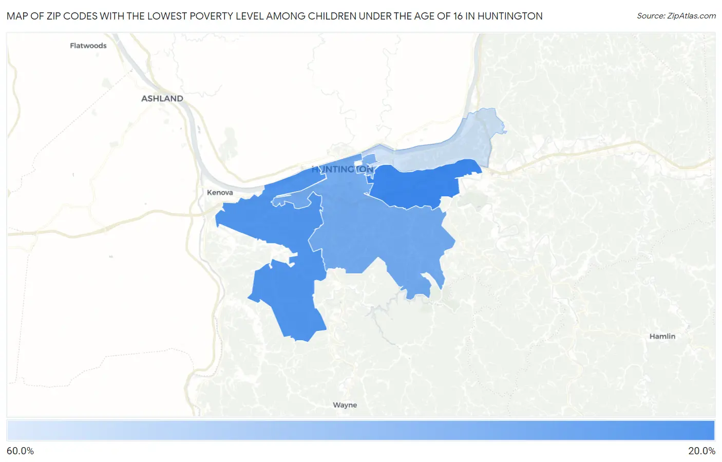 Zip Codes with the Lowest Poverty Level Among Children Under the Age of 16 in Huntington Map