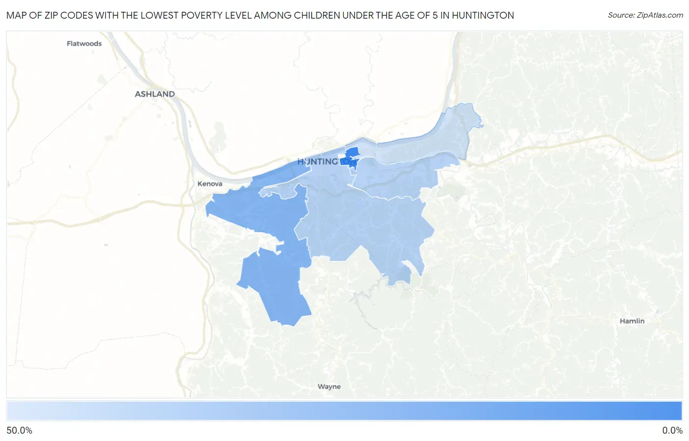 Zip Codes with the Lowest Poverty Level Among Children Under the Age of 5 in Huntington Map