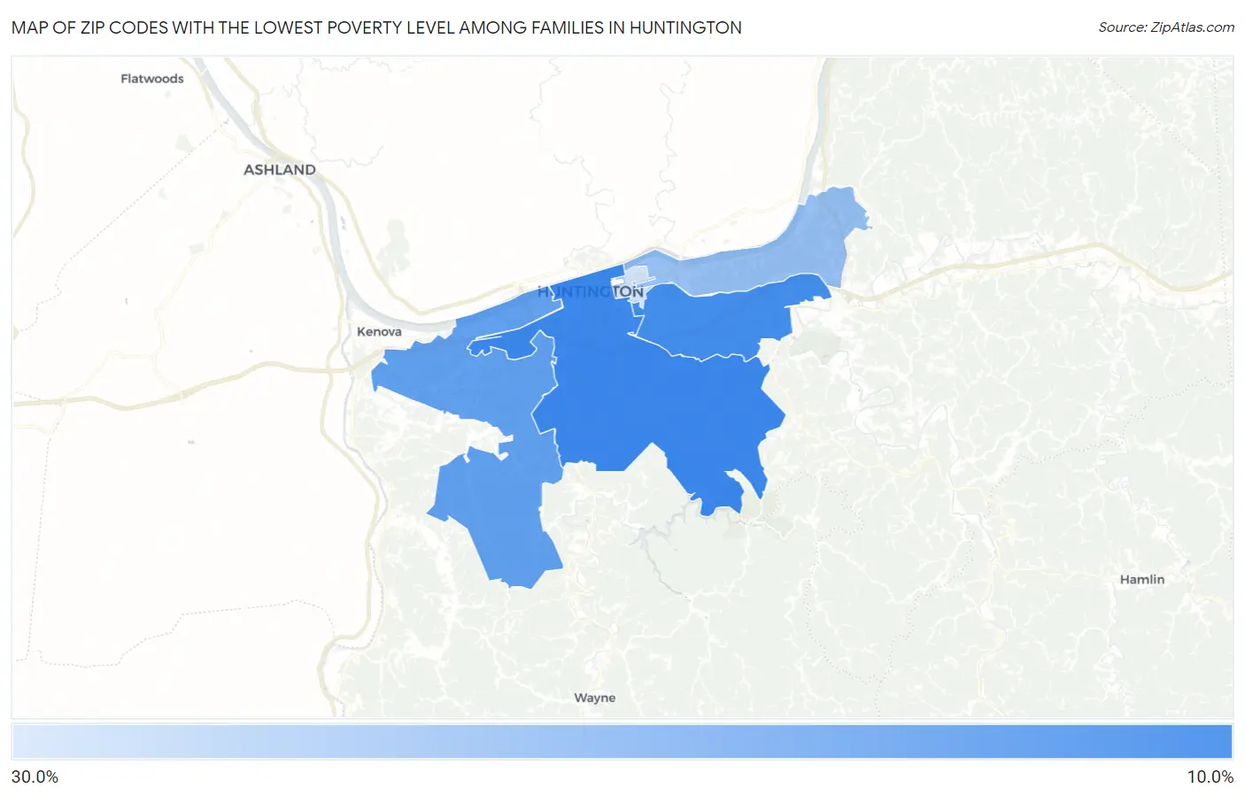 Zip Codes with the Lowest Poverty Level Among Families in Huntington Map