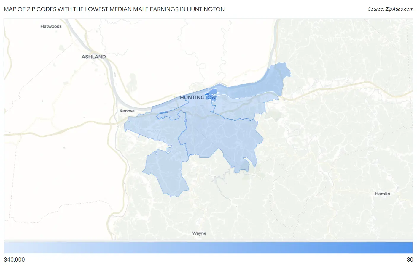 Zip Codes with the Lowest Median Male Earnings in Huntington Map