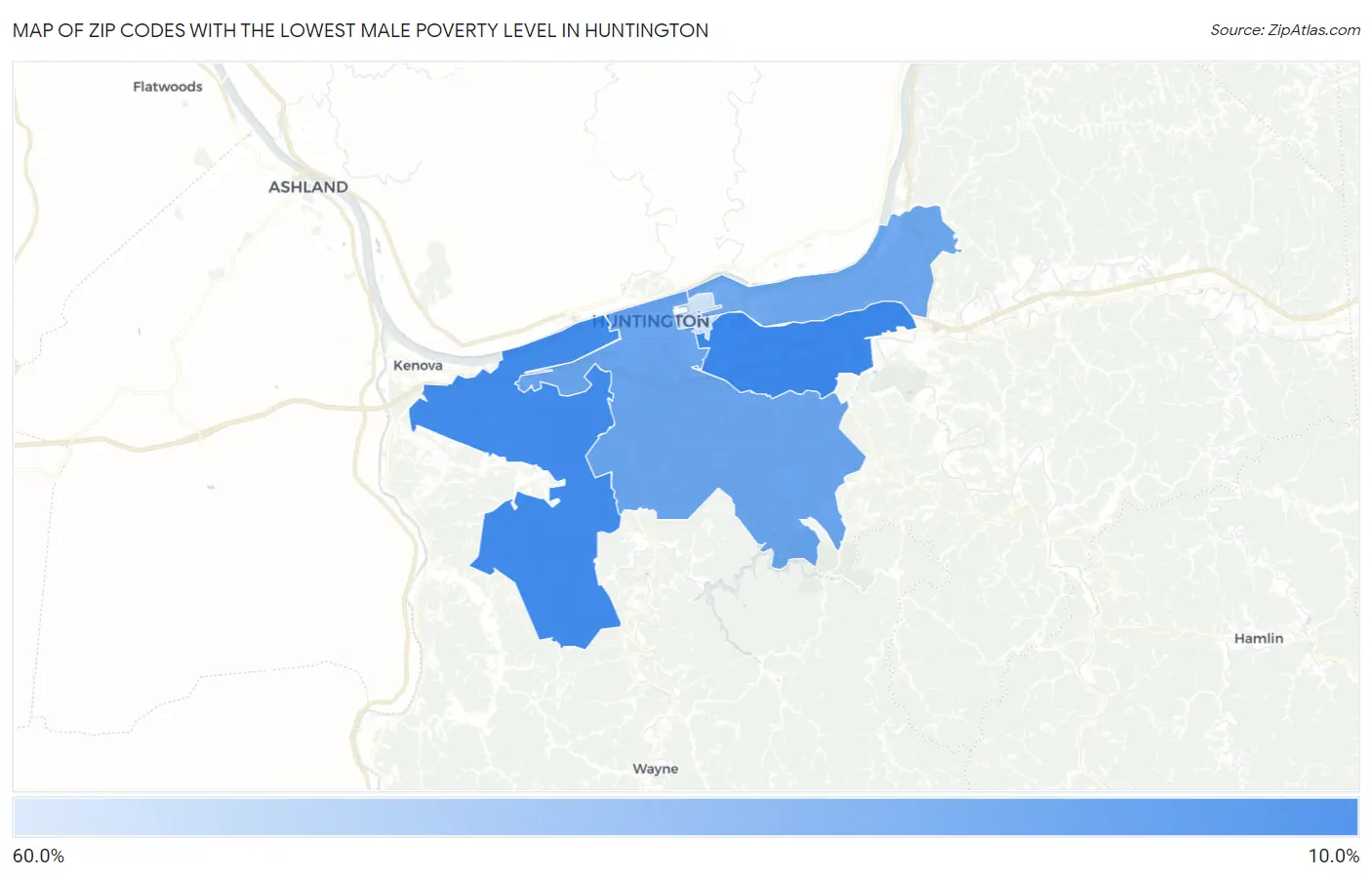 Zip Codes with the Lowest Male Poverty Level in Huntington Map