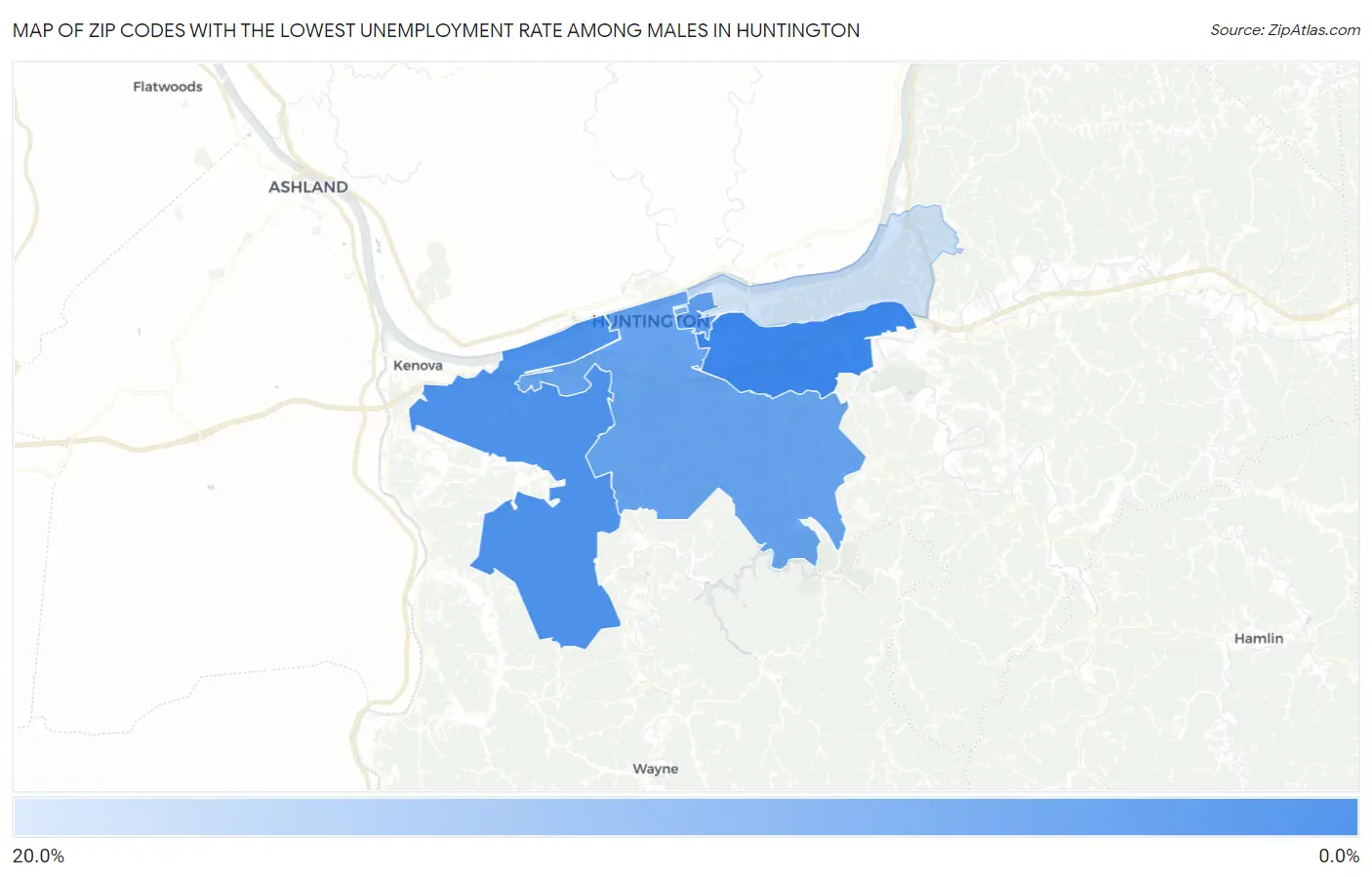 Zip Codes with the Lowest Unemployment Rate Among Males in Huntington Map