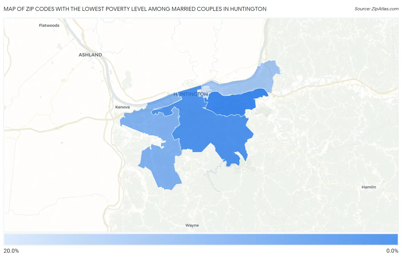 Zip Codes with the Lowest Poverty Level Among Married Couples in Huntington Map