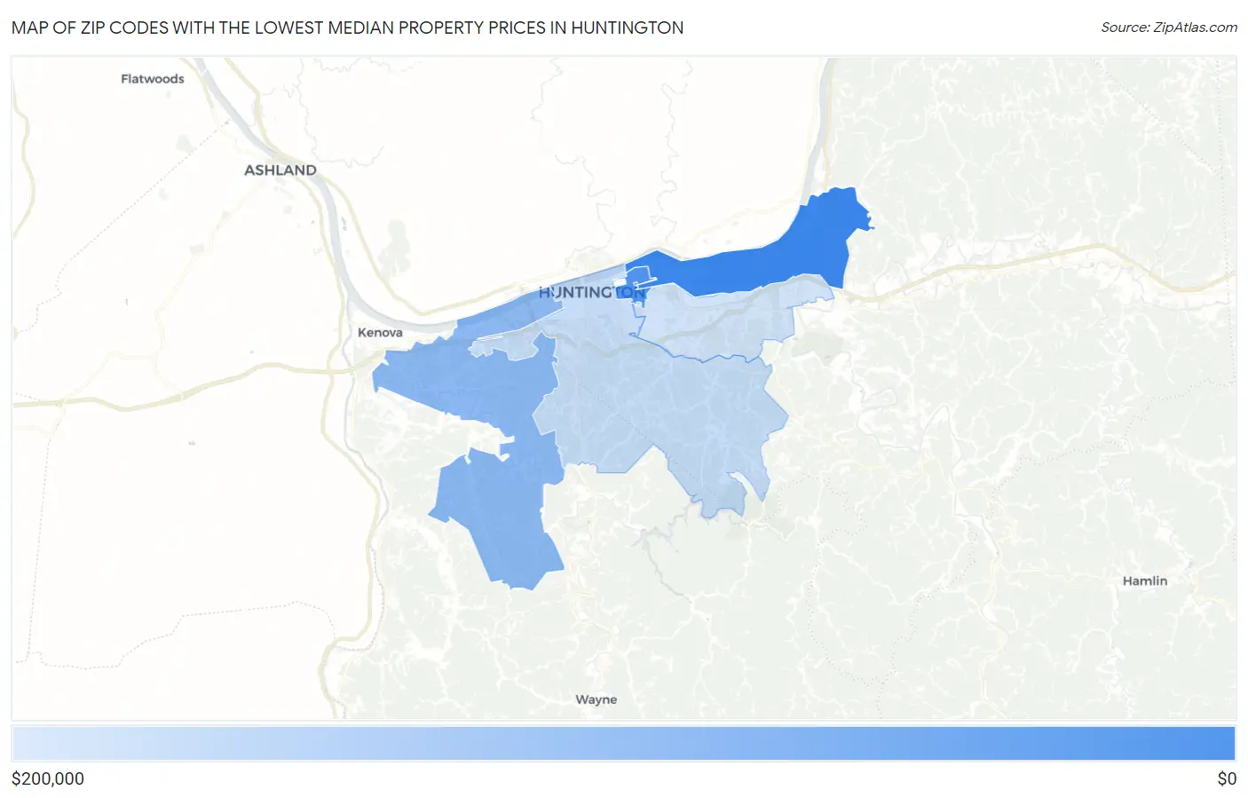 Zip Codes with the Lowest Median Property Prices in Huntington Map