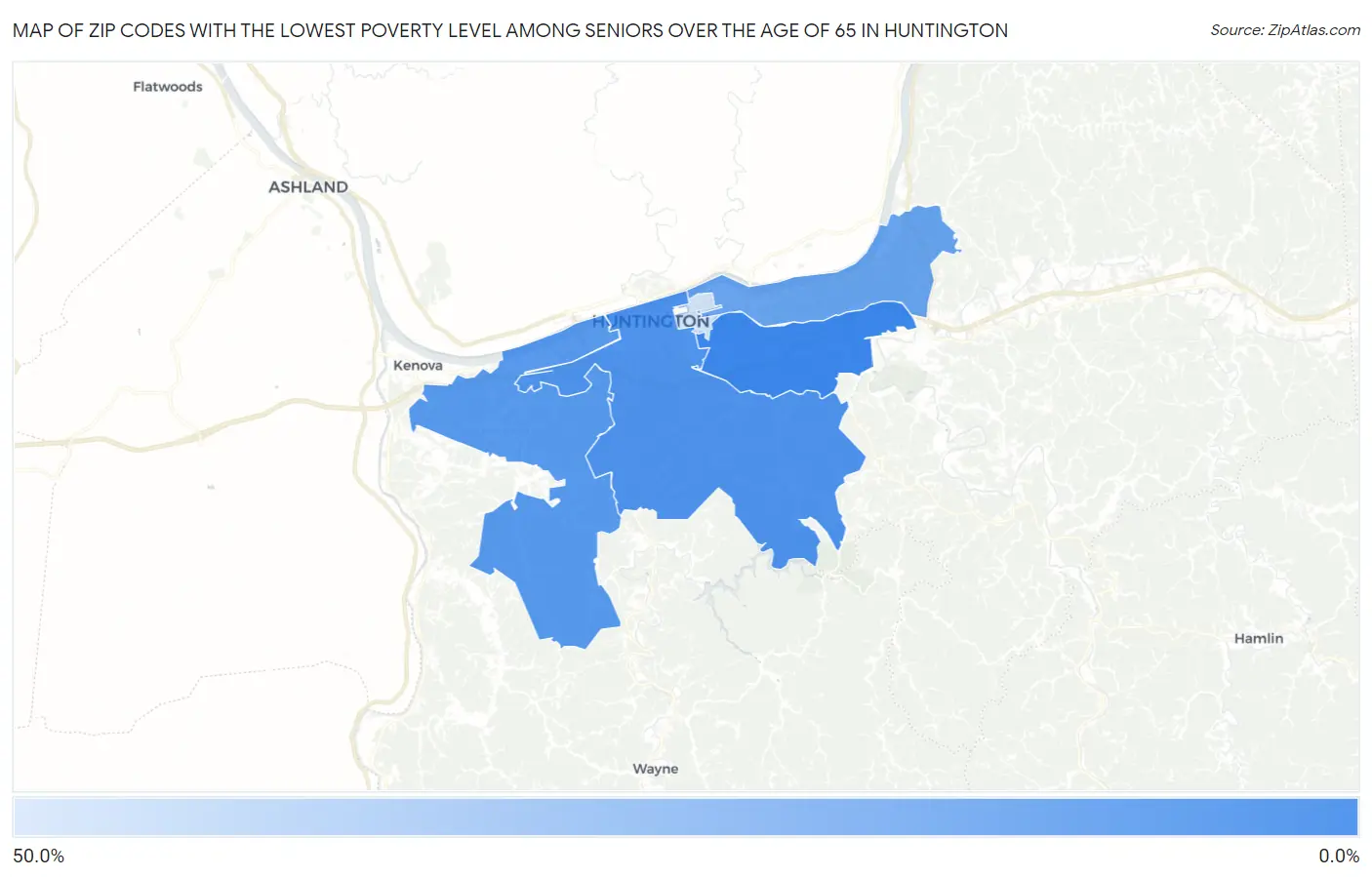 Zip Codes with the Lowest Poverty Level Among Seniors Over the Age of 65 in Huntington Map