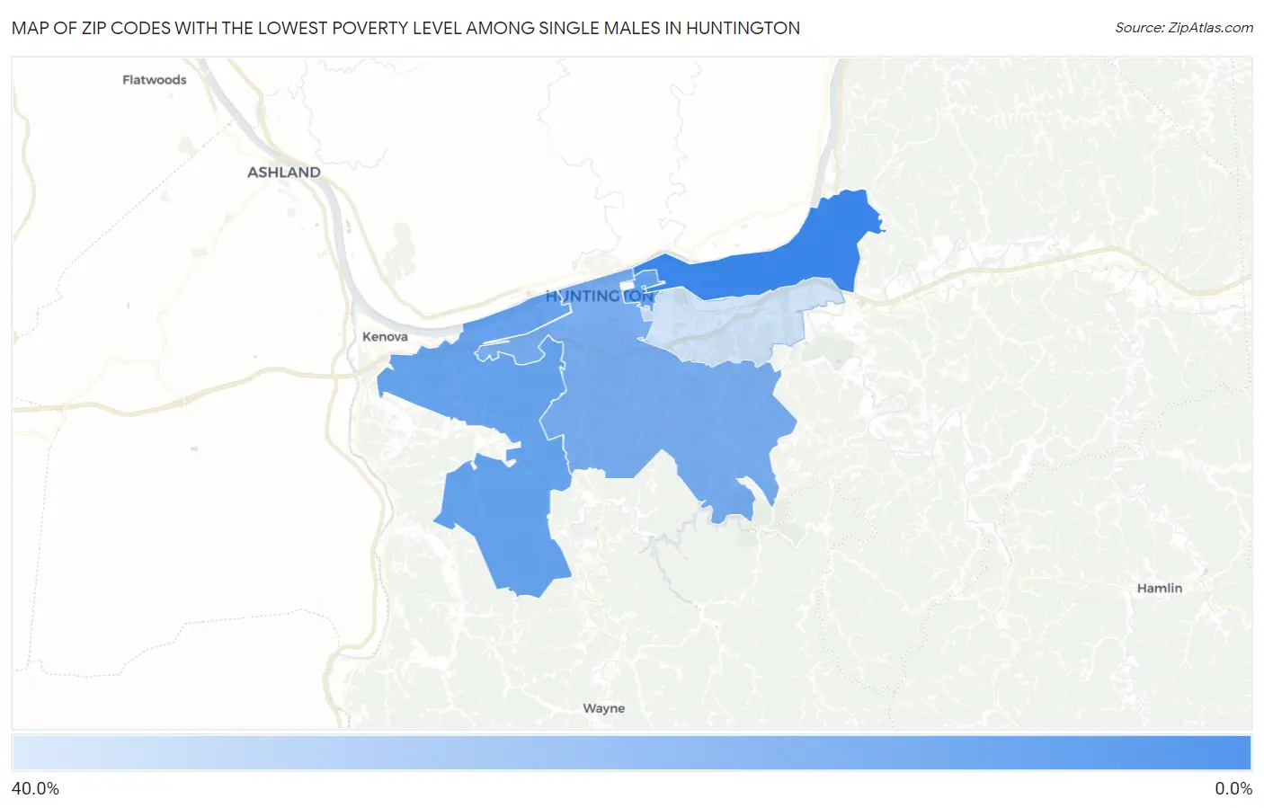 Zip Codes with the Lowest Poverty Level Among Single Males in Huntington Map