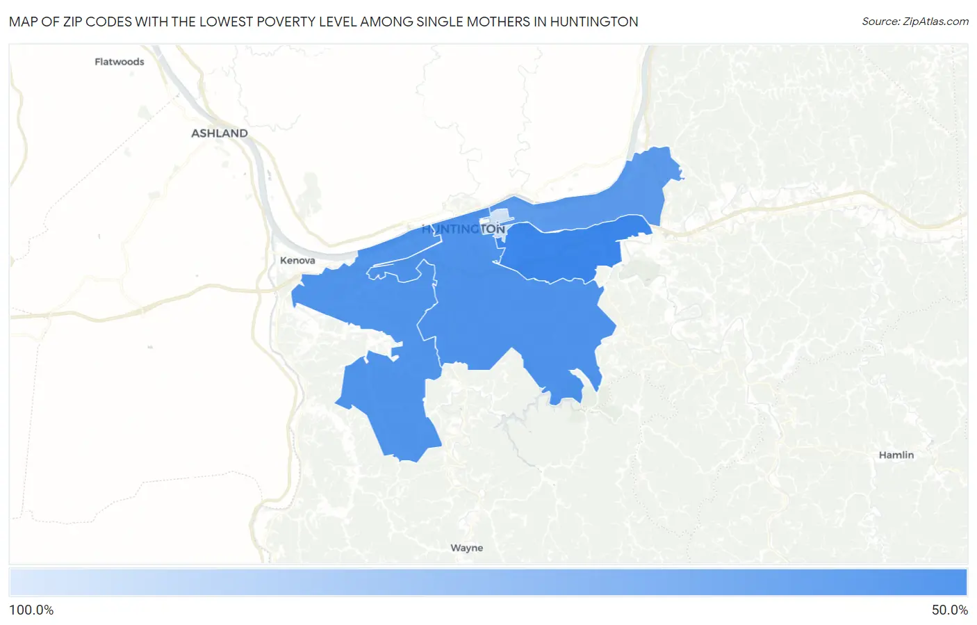 Zip Codes with the Lowest Poverty Level Among Single Mothers in Huntington Map