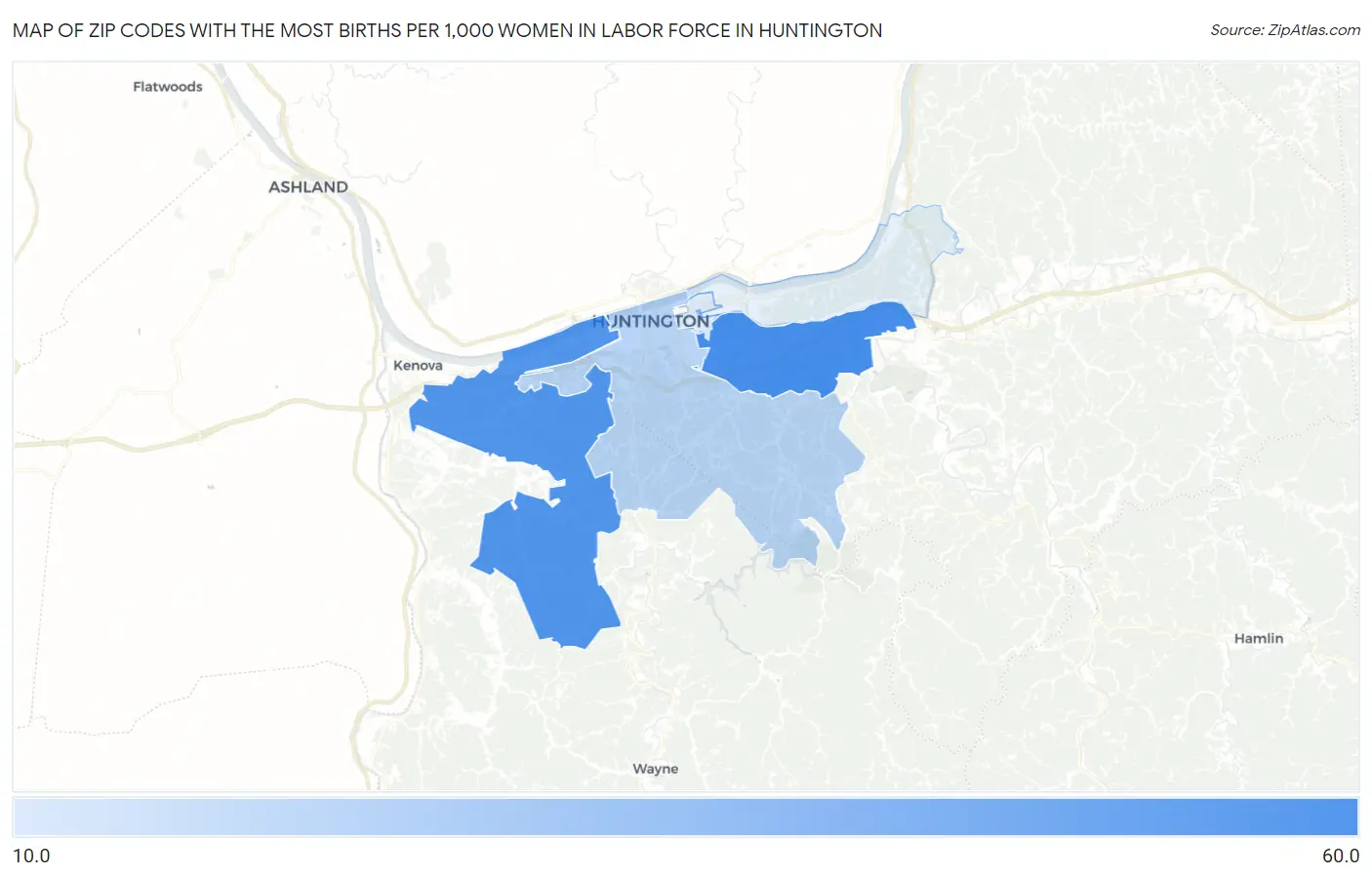 Zip Codes with the Most Births per 1,000 Women in Labor Force in Huntington Map
