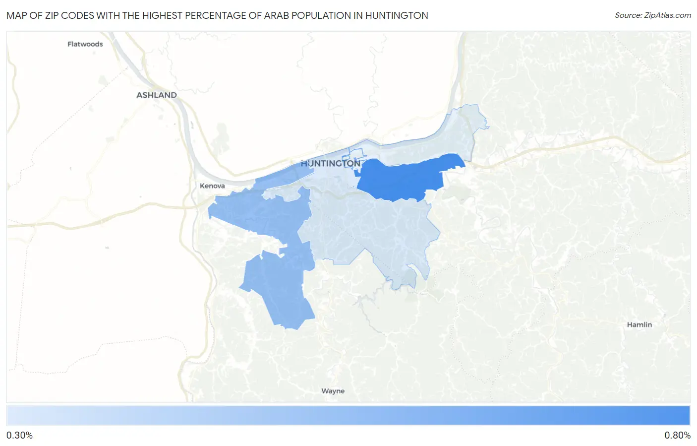 Zip Codes with the Highest Percentage of Arab Population in Huntington Map