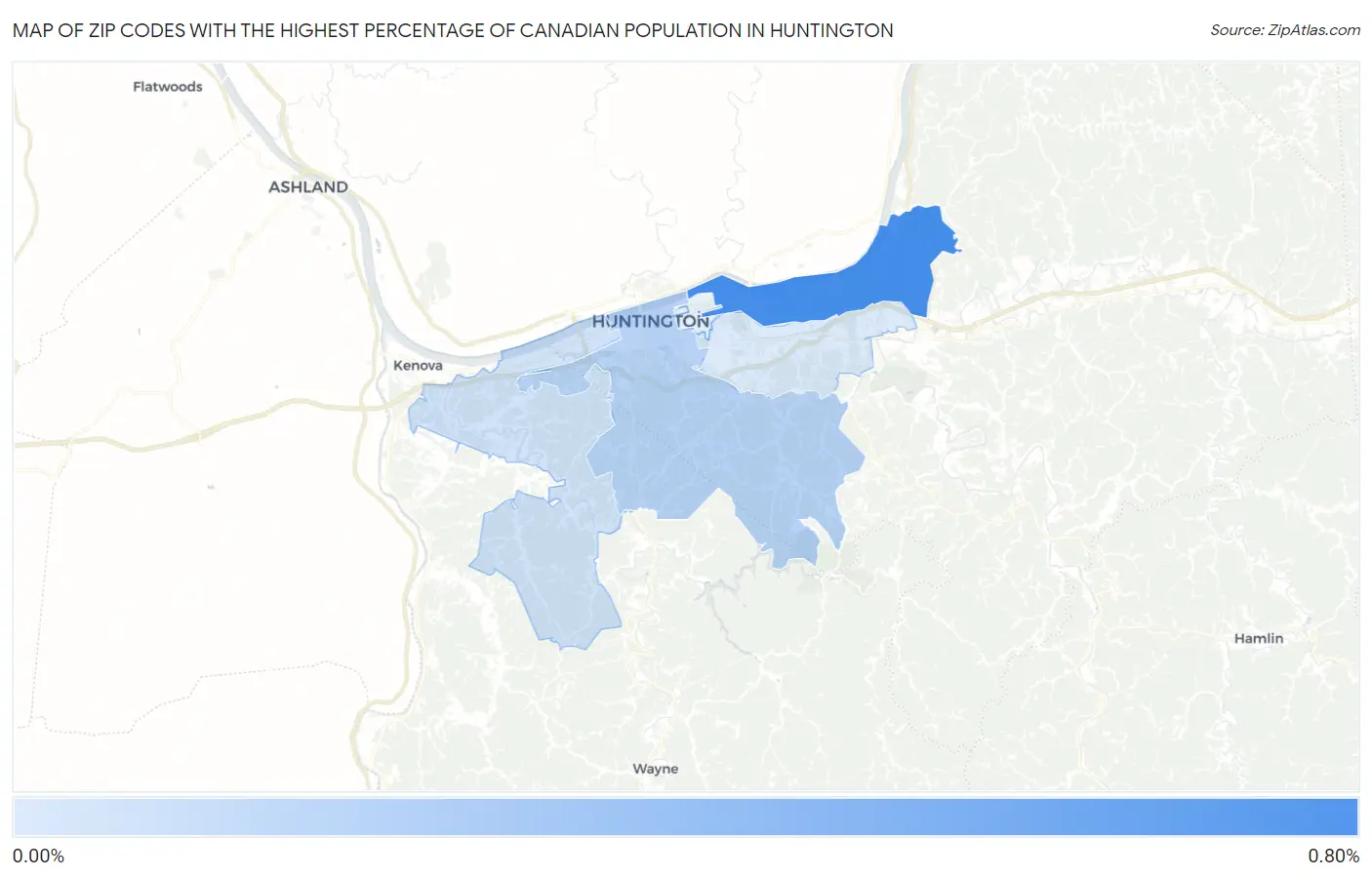 Zip Codes with the Highest Percentage of Canadian Population in Huntington Map
