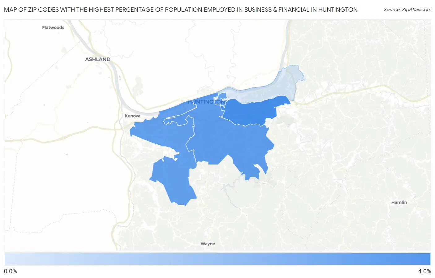 Zip Codes with the Highest Percentage of Population Employed in Business & Financial in Huntington Map