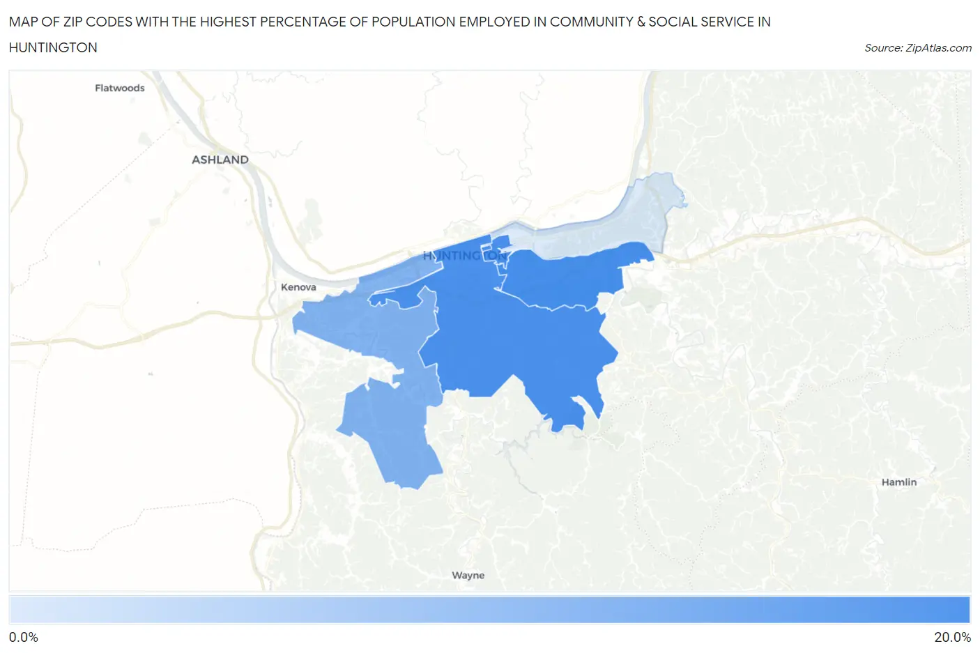 Zip Codes with the Highest Percentage of Population Employed in Community & Social Service  in Huntington Map