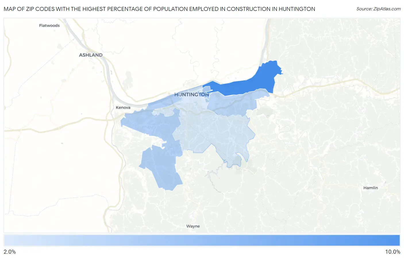 Zip Codes with the Highest Percentage of Population Employed in Construction in Huntington Map