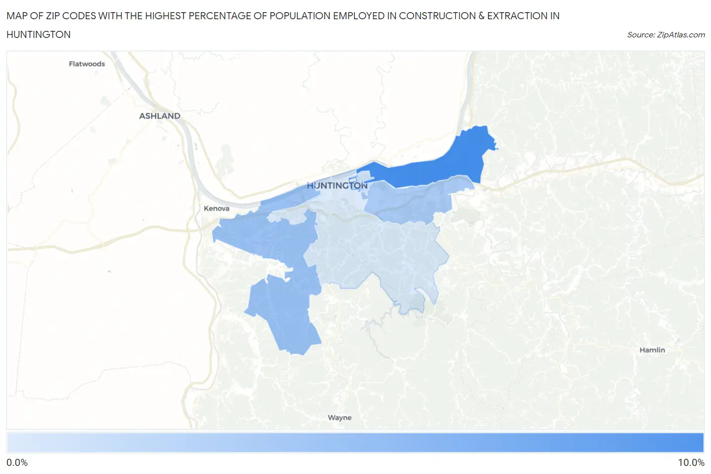 Zip Codes with the Highest Percentage of Population Employed in Construction & Extraction in Huntington Map