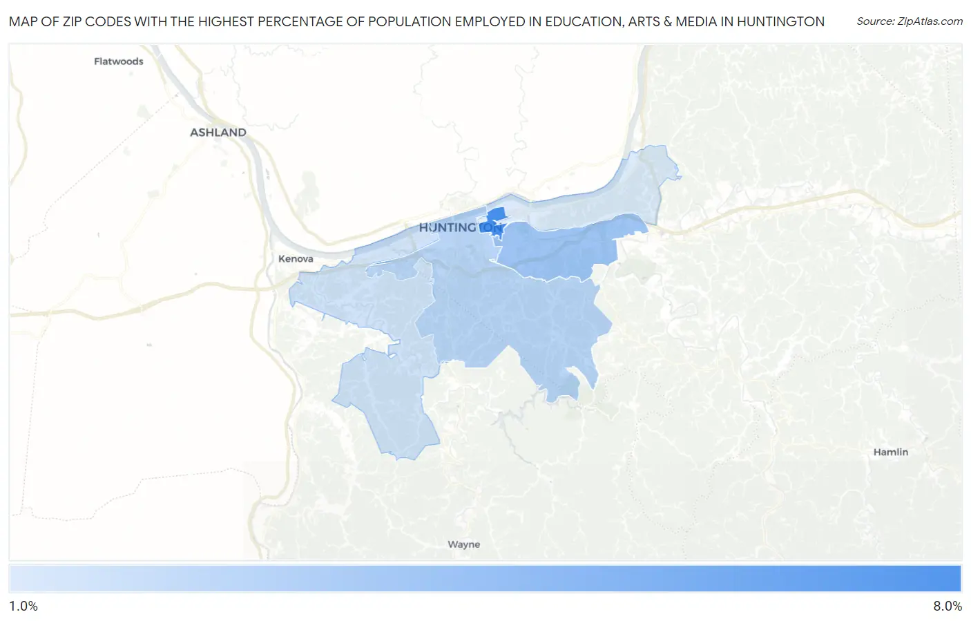 Zip Codes with the Highest Percentage of Population Employed in Education, Arts & Media in Huntington Map